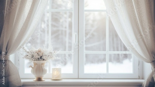 Fototapeta Winter Window empty mockup with view of snow trees landscape. White Window looking on snow covered trees in winter