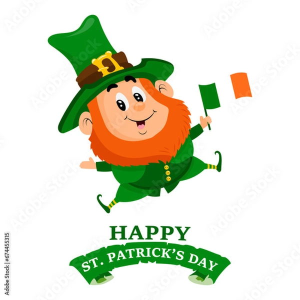 Fototapeta St. Patrick's Day, cute leprechaun with Ireland flag, shamrock leaves and greeting text. Illustration, postcard, banner, vector
