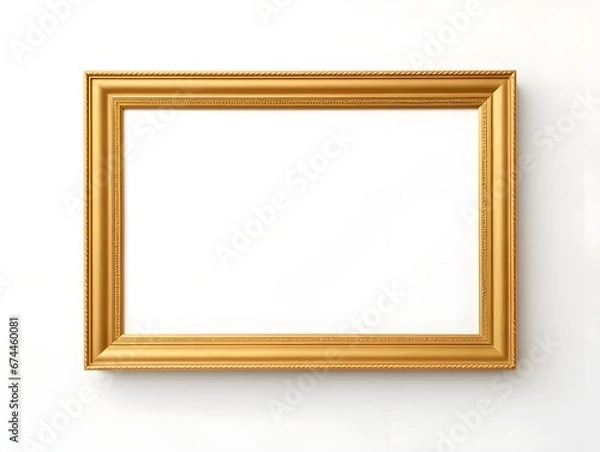 Obraz On the wall of an auction house or museum display, an ancient golden art fair gallery frame. Blank template with white copyspace for mockup design. Generative AI.