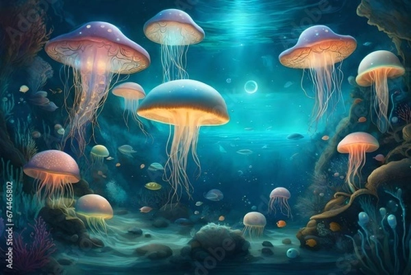 Fototapeta A surreal, underwater world with bioluminescent jellyfish and otherworldly sea creatures in a mesmerizing, illuminated seascape. --