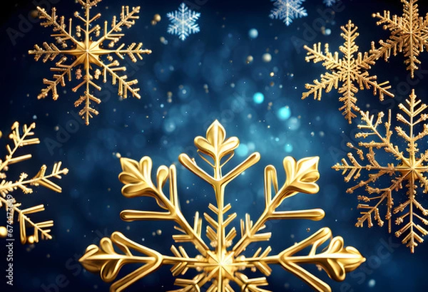 Fototapeta Blue sparkling Christmas and winter background with golden snowflakes,