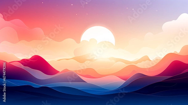 Fototapeta Morning sky with glowing clouds and rising sun with rays.