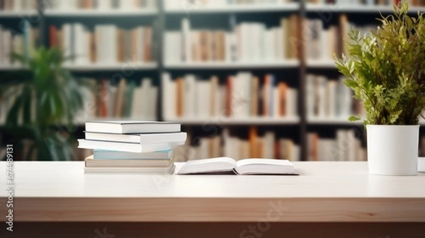 Obraz Blur library interior background for your design, desk with books and laptop