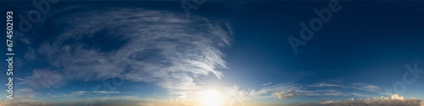 Fototapeta 360 VR 2:1 equirectangular sunset blue sky with clouds background overlay. Ideal for 360 VR sky replacement. High quality 300 dpi, adobe rgb color profile