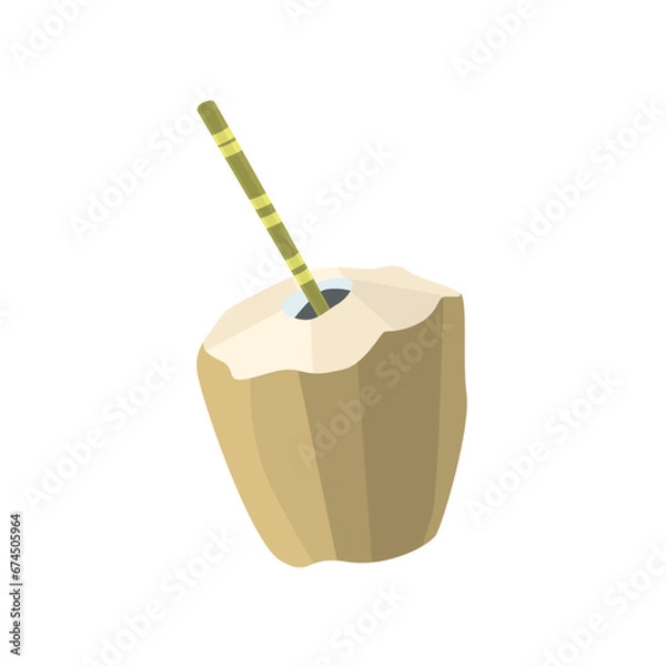 Fototapeta Coconut with a straw. Coconut water as a drink for a beach bar. Vector illustration