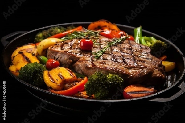 Obraz Generative AI : Grilled striploin steak with spices and herbs on grill iron pan.