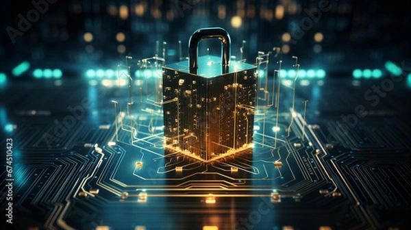 Obraz cybersecurity concept, electronic circuit board with processor, blockchain technology