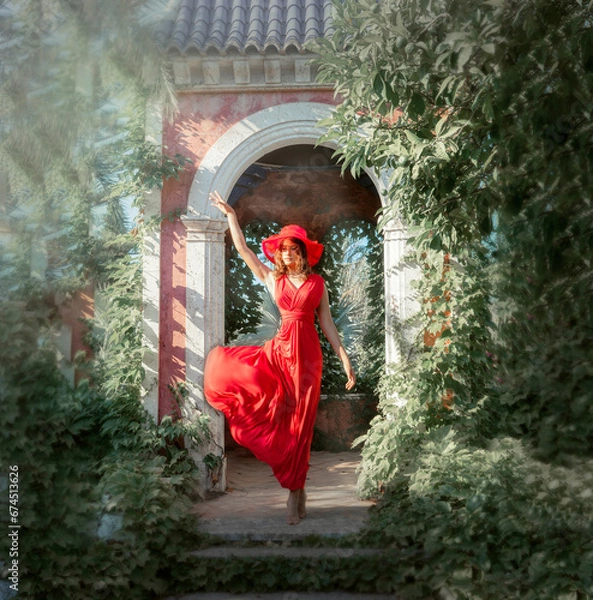 Obraz girl in a red dress and hat