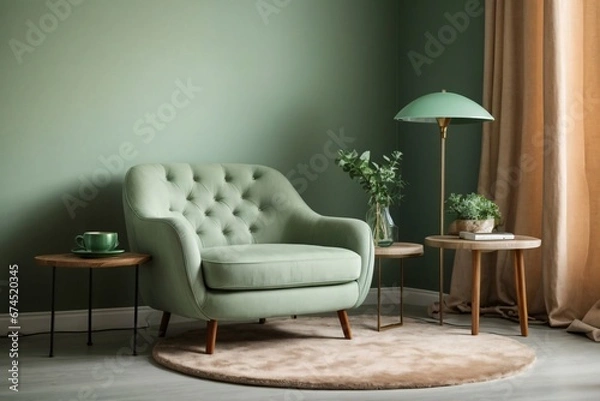 Obraz Dark green sofa and recliner chair in scandinavian apartment. Interior design of modern living room. Generative Ai.