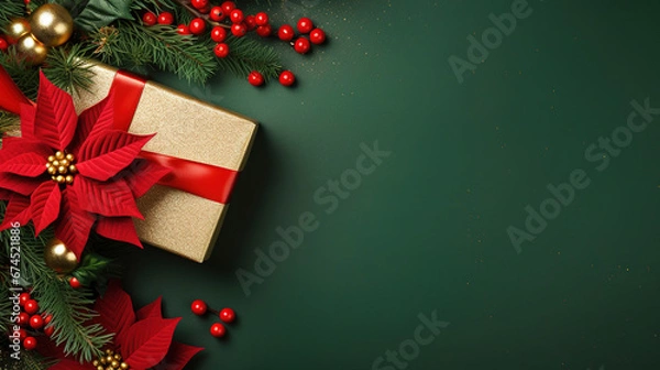 Obraz green  christmas background with poinsettia with leaves, red berries, gift box wrapped red silk ribbon, gold tinsel, with empty copy Space