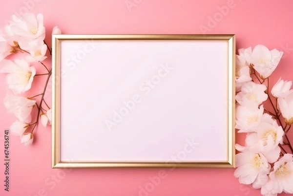 Fototapeta Golden Elegance: Graphic Mock-up Featuring White and Gold Frame on a Pink Background for Art Display