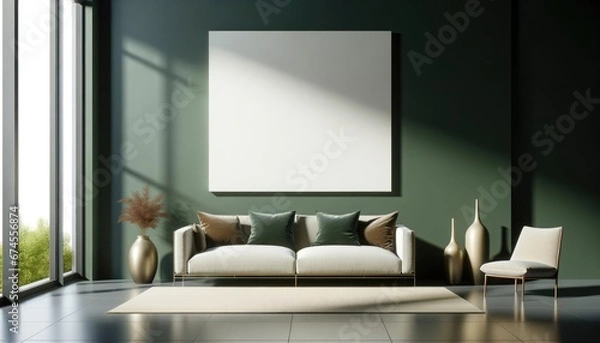 Fototapeta Big square blank painting frame hanging on the wall of dark green stylish liviing room with sofa, decorative vases and pastel beige carpet and armchair 