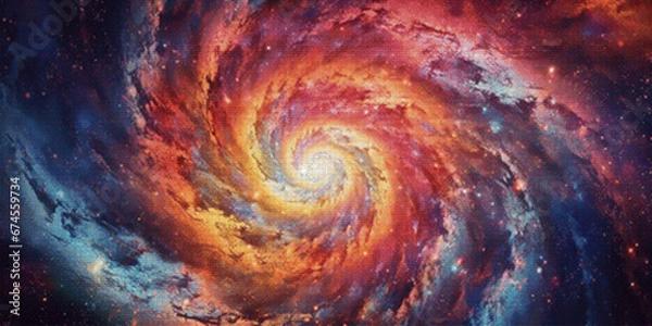 Fototapeta Spiral galaxy illustration in pixel art style. Deep space concept. Retro sci-fi video game design. 80's technology. Vector illustration