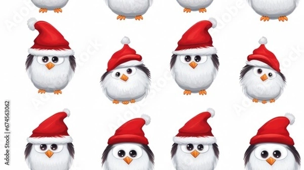 Fototapeta Penguin in Santa Claus Hat seamless pattern texture background for wrapping paper