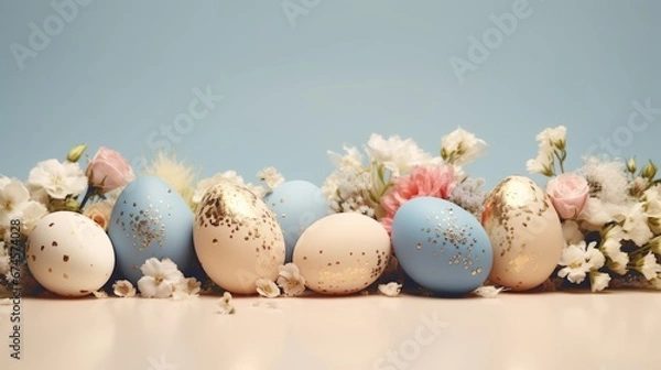 Fototapeta Easter poster and banner template with Easter eggs on light pastel background. Greetings and presents for Easter Day. Promotion and shopping template for Easter.