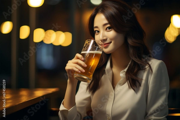Fototapeta バーでビールを飲み女性