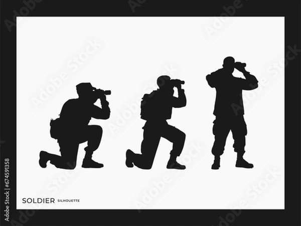 Obraz silhouette of a soldier using binocular pose on battlefield, white background, isolated image