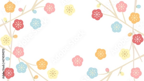 Obraz パステルカラーの可愛い梅の花と枝の和風イラストのカード　アスペクト比16：9バージョン　