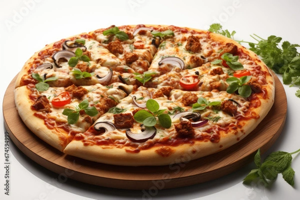 Fototapeta Vegan pizza with mushrooms. Light background. Generative AI
