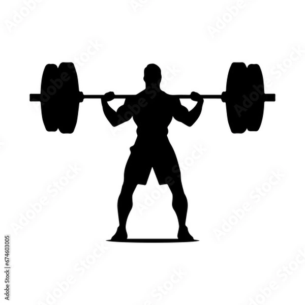 Fototapeta A weight lifting muscle man or bodybuilder weightlifting weights in silhouette, vector illustrator.