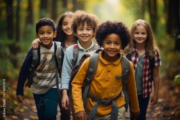 Fototapeta Group portrait of cheerful smiling multiethnic children with backpacks in summer forest. Happy boys and girls of different skin colors play and learn tourism skills. Diversity and friendship concept.