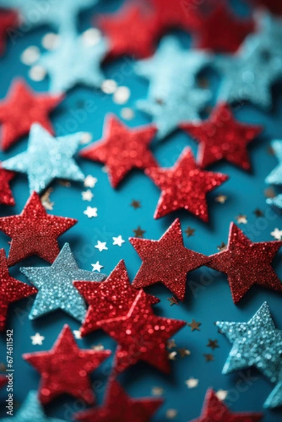 Fototapeta Holiday glitter decoration of stars on a blue surface, in teal and red color. Selective focus, background for a card,invitation or craft.