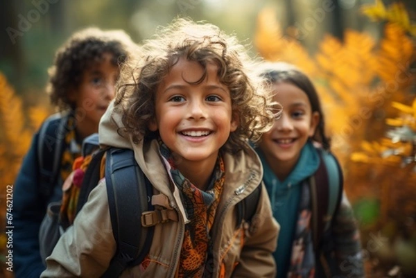 Fototapeta Group portrait of cheerful smiling multiethnic children with backpacks in autumn forest. Happy boys and girls of different skin colors play and learn tourism skills. Diversity and friendship concept.