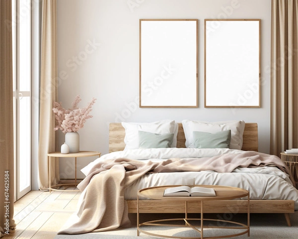 Fototapeta Set of 2 frame mockup in scandinavian style bedroom, for wall art, hollow frame, 3d render