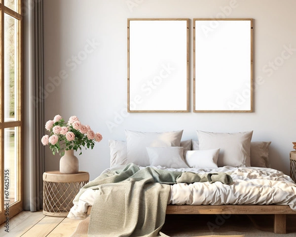 Fototapeta Two empty vertical picture frames on light gray wall in modern bedroom. Scandinavian, boho style interior,3d render