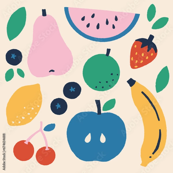 Obraz Vector illustration of fresh fruit pattern. Juicy organic fruits background for fabric, paper, decor, decoration, print. Watermelon, strawberry, lemon, apple, banana, cherry, blueberry, pear isolated.