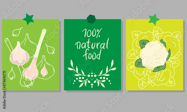 Fototapeta Motivational vertical poster with Vegan Food lettering decorated with vegetables, berries, greens and fruits. Flat vector illustration of vegetarian placard or card with place for text