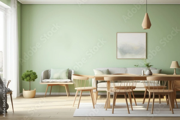 Fototapeta Modern Dining Room in Scandinavian Style - Pastel Green Wall and Wooden Furniture