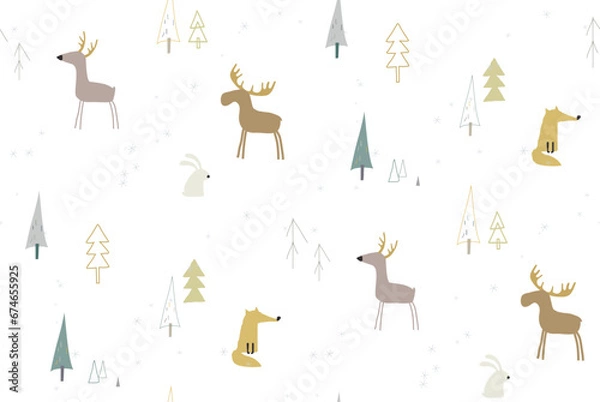 Fototapeta Winter seamless pattern with forest animals