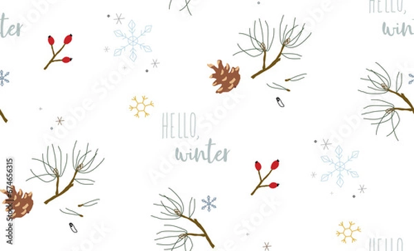 Fototapeta Winter seamless pattern with pine branches and snowflakes