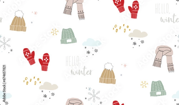 Fototapeta Winter warm cozy seamless pattern with with hats and mittens