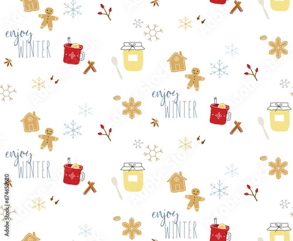 Fototapeta Winter seamless pattern with cups and gingerbread cookies