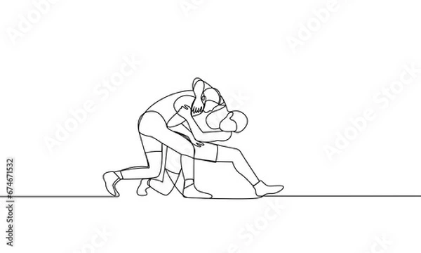 Fototapeta Single continuous drawing of two men fighting. Wrestling. One line drawing vector illustration