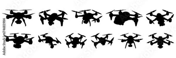 Fototapeta Drone silhouettes set, large pack of vector silhouette design, isolated white background