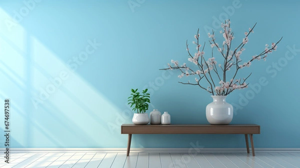 Fototapeta Pot of flowers on a minimalistic blue background. Created with Generative AI