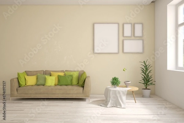Fototapeta White living room with sofa. Scandinavian interior design. 3D illustration