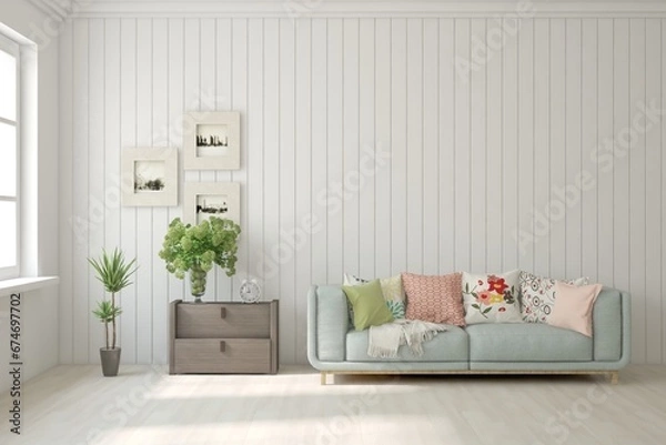 Fototapeta White living room with sofa. Scandinavian interior design. 3D illustration