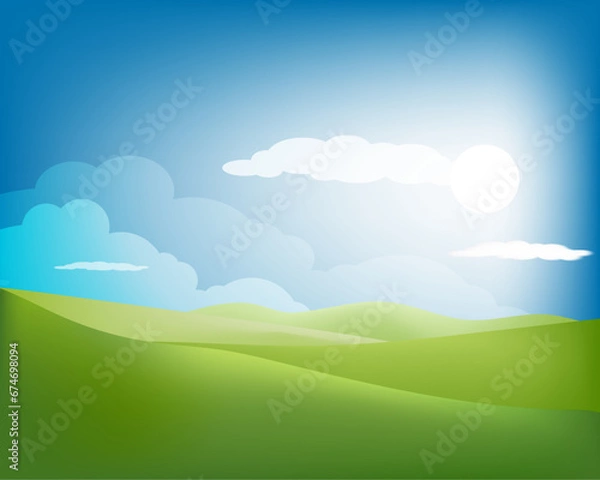 Fototapeta Green grass landscape background template texture vector with sun and white clouds blue sky background