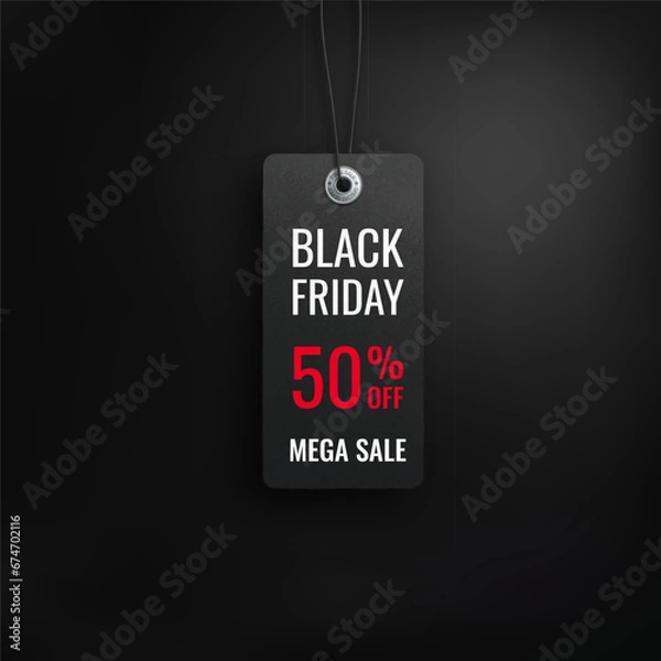 Fototapeta Black friday sale. Realistic price tag image. Black label on a black background. Special offer or shopping discount label. Sale, 50% discount, big discounts. Vector image.