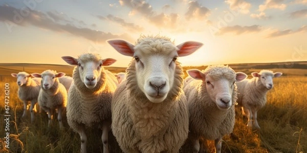 Fototapeta Stado owiec na polu o wschodzie słońca. 