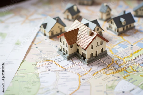 Fototapeta Small house model on map paper