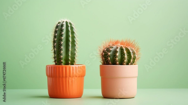 Fototapeta two baby cactuses side by side in a terracotta pot. ai generative
