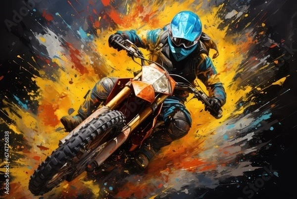 Obraz Motocyklista w kasku jadący po motocyklowym torze wyścigowym. 