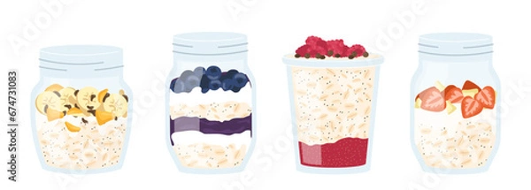 Obraz Oatmeal in jar set. Traditional and healthy morning breakfast. Proper nutrition and diet. Blueberry, strawberry with milk porridge. Cartoon flat vector collection isolated on white background