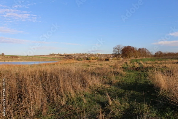 Fototapeta A grassy field with a body of water in the distance