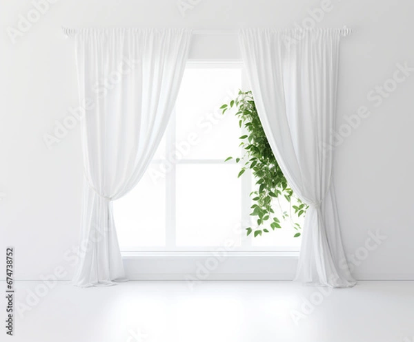 Fototapeta Mockup: White Wide Window with Light White Curtains, Ideal for Design Projects